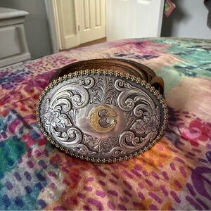 Nocona Letter “C” Elegant Silver and Gold Buckle With Western Leather Belt